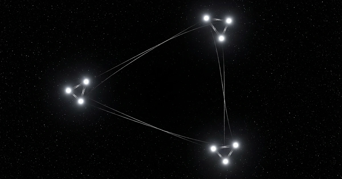 Three star clusters in triangle formation connected by silver lines