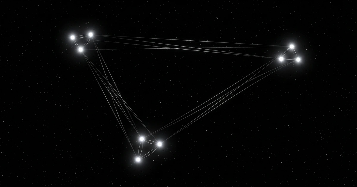 Three star clusters in triangle formation connected by silver lines